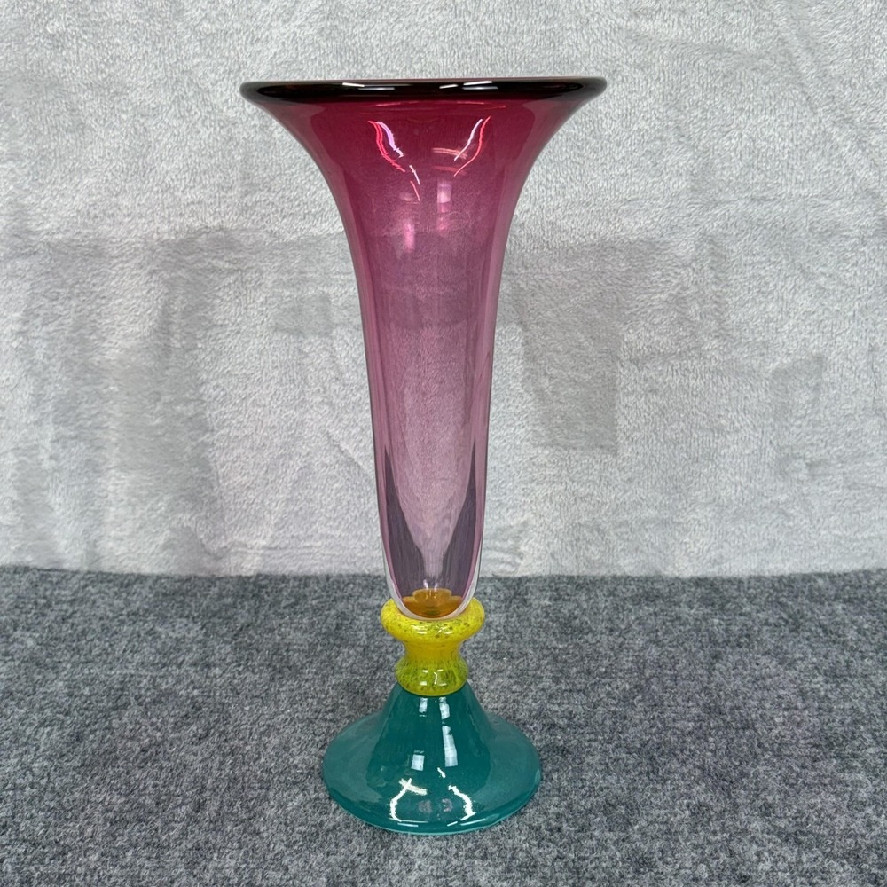 Hand Blown Glass Trumpet Vase Cranberry Teal Base Yellow Knob 12.5"‎ Decorative